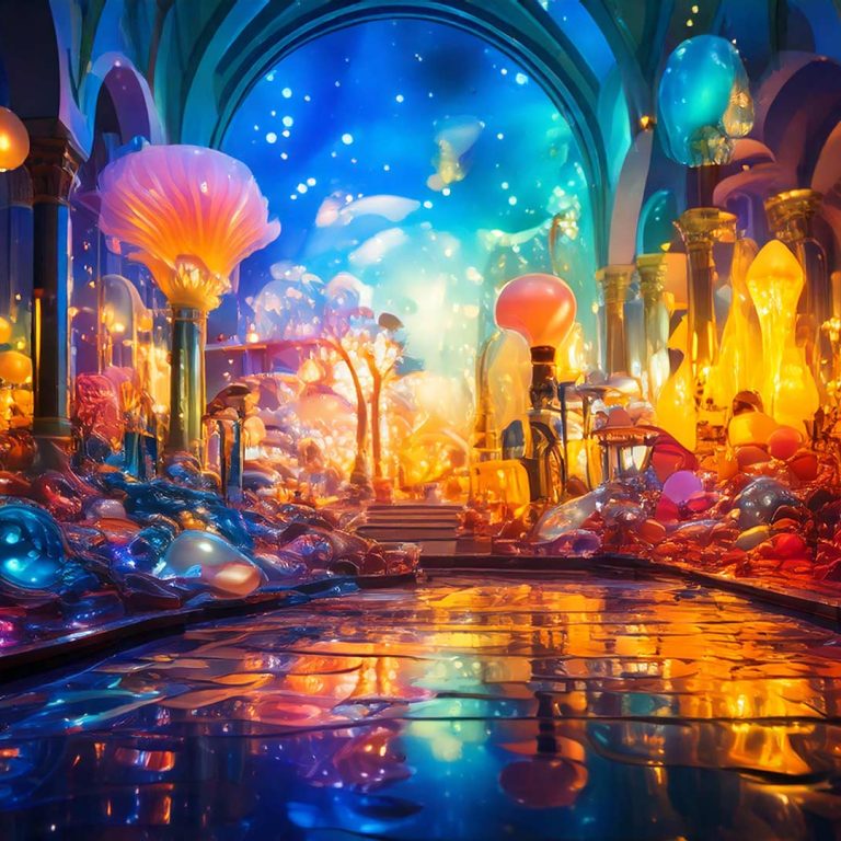 A surreal, glowing interior with tall arches and columns, filled with luminous glass-like forms in vibrant blues, oranges, and golds, reflecting across a glossy floor and creating a dreamlike, immersive atmosphere.
