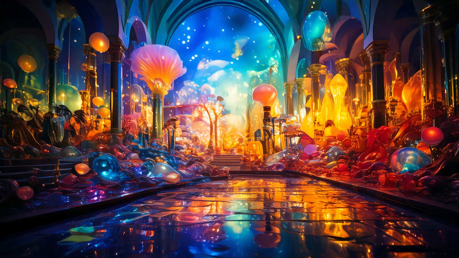 A surreal, glowing interior with tall arches and columns, filled with luminous glass-like forms in vibrant blues, oranges, and golds, reflecting across a glossy floor and creating a dreamlike, immersive atmosphere.