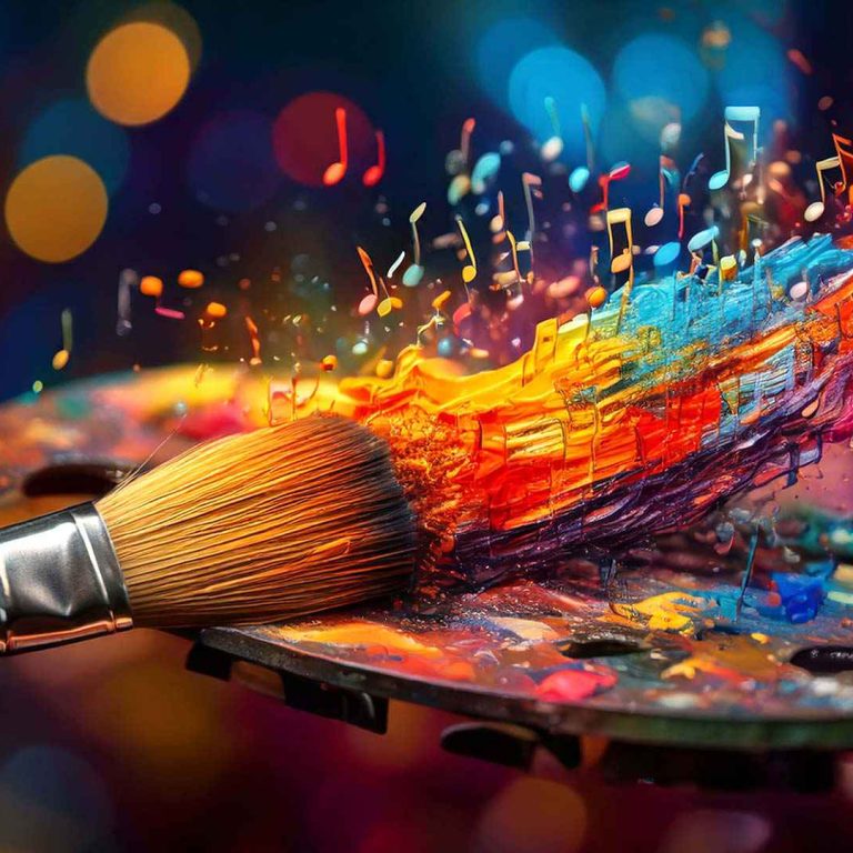 A paintbrush sweeping across a painter’s palette releases a burst of vivid paint that transforms into colorful, floating musical notes, blending visual art and music against a softly glowing, bokeh-filled background.