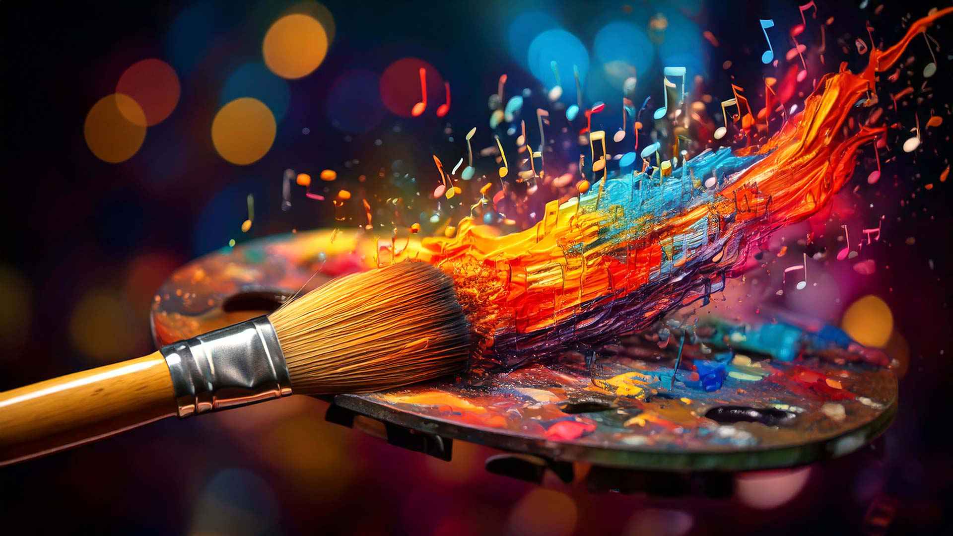A paintbrush sweeping across a painter’s palette releases a burst of vivid paint that transforms into colorful, floating musical notes, blending visual art and music against a softly glowing, bokeh-filled background.