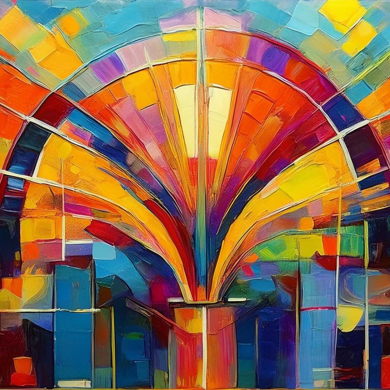 A colorful, abstract painting with an art deco feel, featuring a symmetrical fan-shaped form at the center that radiates outward. Bold blocks and brushstrokes of yellow, orange, red, blue, teal, and purple are arranged in geometric panels, creating the impression of a stained-glass window or stylized architectural façade.