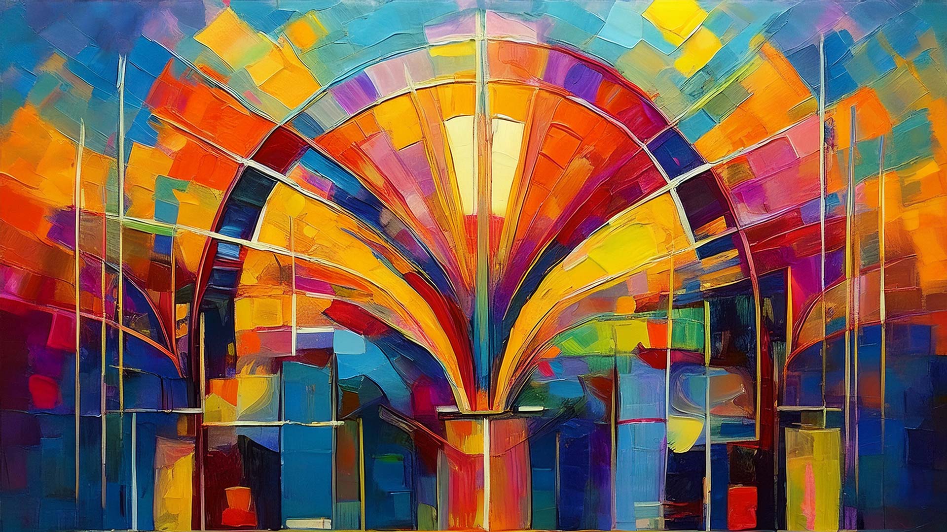 A colorful, abstract painting with an art deco feel, featuring a symmetrical fan-shaped form at the center that radiates outward. Bold blocks and brushstrokes of yellow, orange, red, blue, teal, and purple are arranged in geometric panels, creating the impression of a stained-glass window or stylized architectural façade.