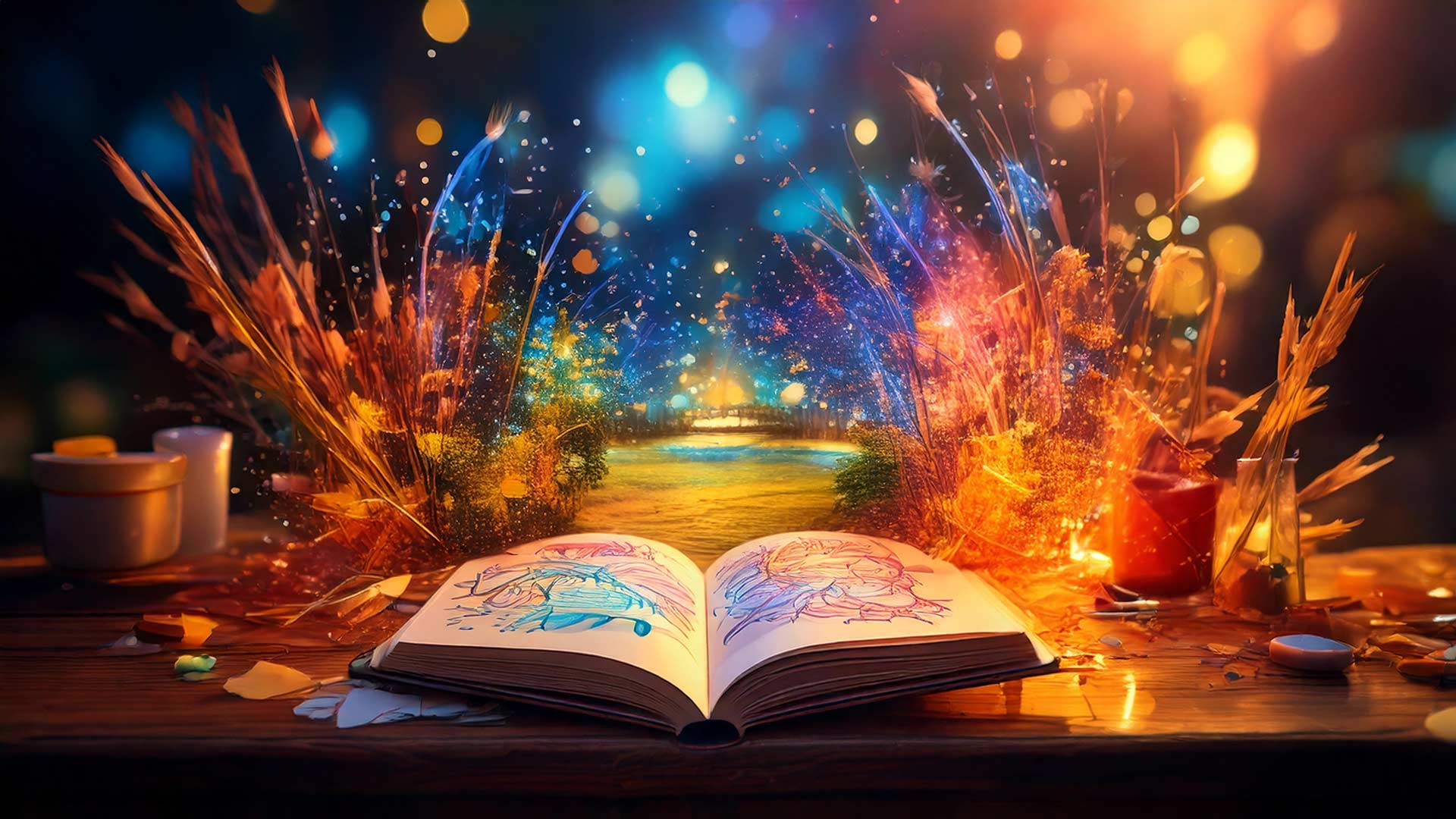 An open artist’s sketchbook on a wooden table glows with colorful, flowing drawings as light and painterly bursts of orange and blue rise around it, blending into a dreamlike landscape beyond the pages.