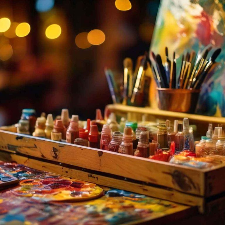An artist’s workspace with a wooden box filled with small paint bottles, palettes covered in colorful paint, and jars of paintbrushes, softly lit against a warm, blurred background.