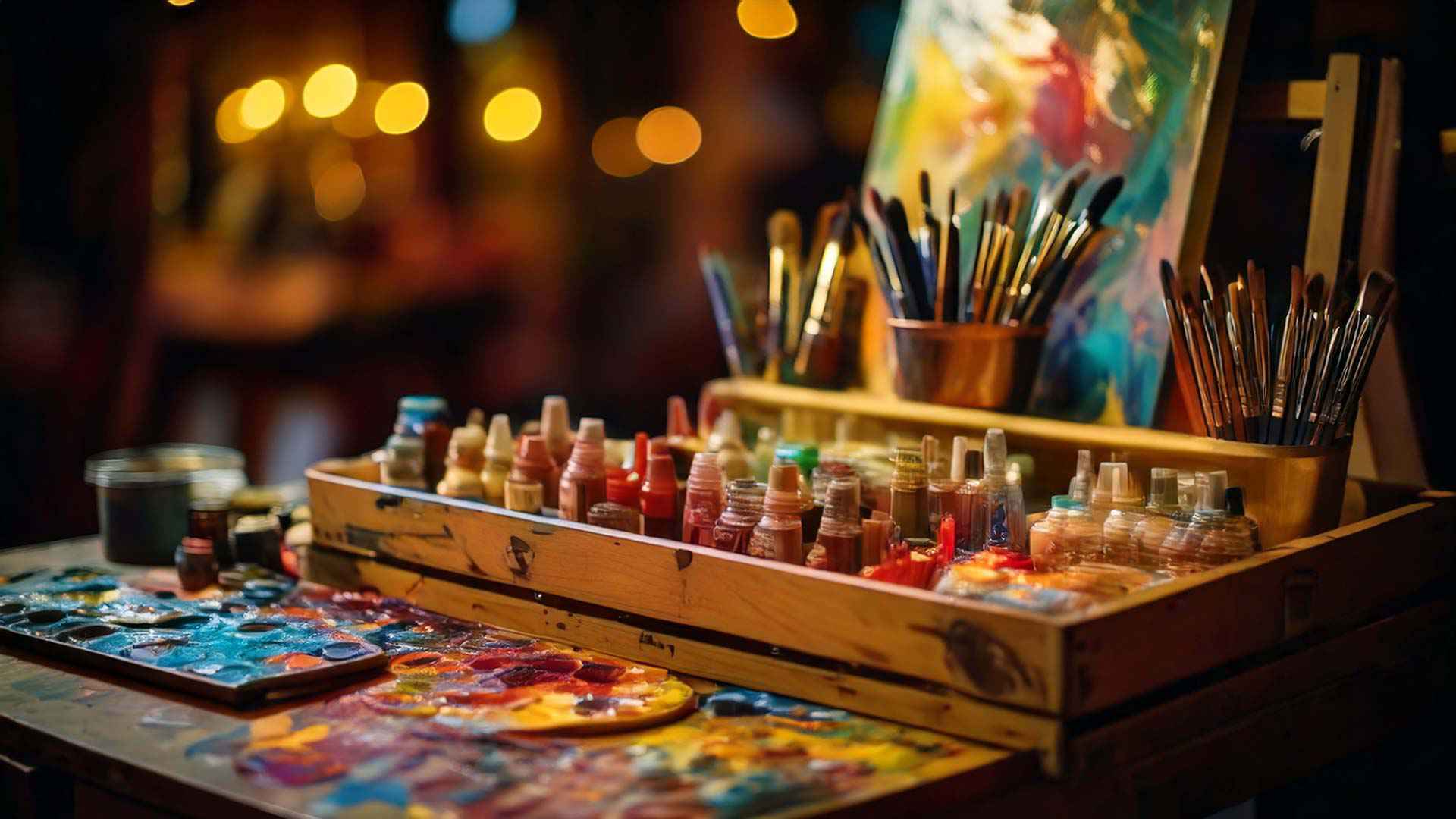 An artist’s workspace with a wooden box filled with small paint bottles, palettes covered in colorful paint, and jars of paintbrushes, softly lit against a warm, blurred background.