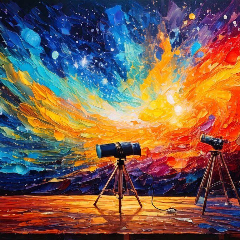 A vibrant, abstract painting of a cosmic scene where sweeping strokes of blue, teal, yellow, orange, and red burst across a dark background like a swirling galaxy. In the foreground, two telescopes on tripods stand on a reflective surface, aimed toward the colorful explosion of light and motion, suggesting observation of the universe through art.
