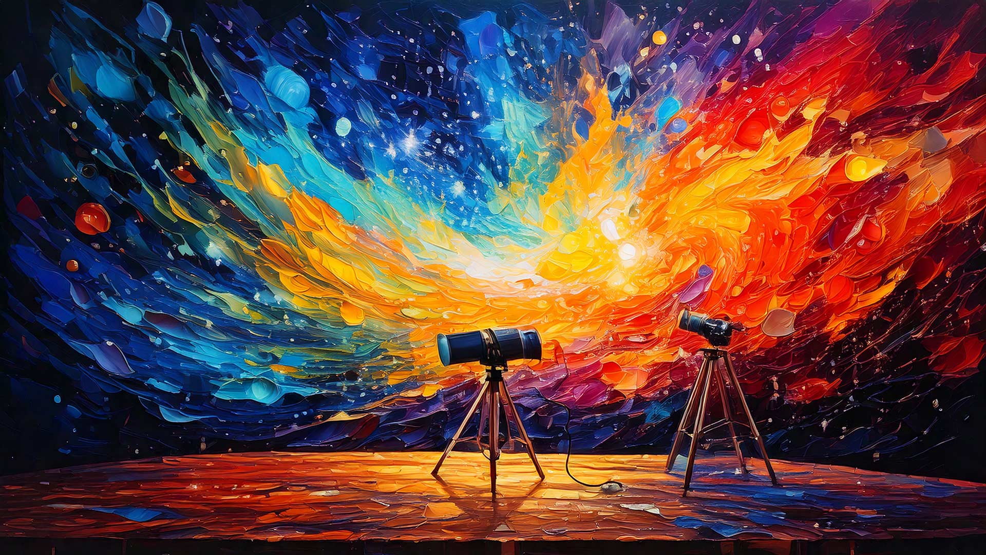 A vibrant, abstract painting of a cosmic scene where sweeping strokes of blue, teal, yellow, orange, and red burst across a dark background like a swirling galaxy. In the foreground, two telescopes on tripods stand on a reflective surface, aimed toward the colorful explosion of light and motion, suggesting observation of the universe through art.