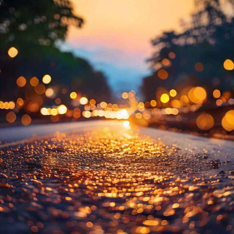 Low-angle view of a wet road at dusk, with shimmering reflections on the pavement and soft, out-of-focus streetlights forming warm golden bokeh, fading into a tree-lined distance under a twilight sky.