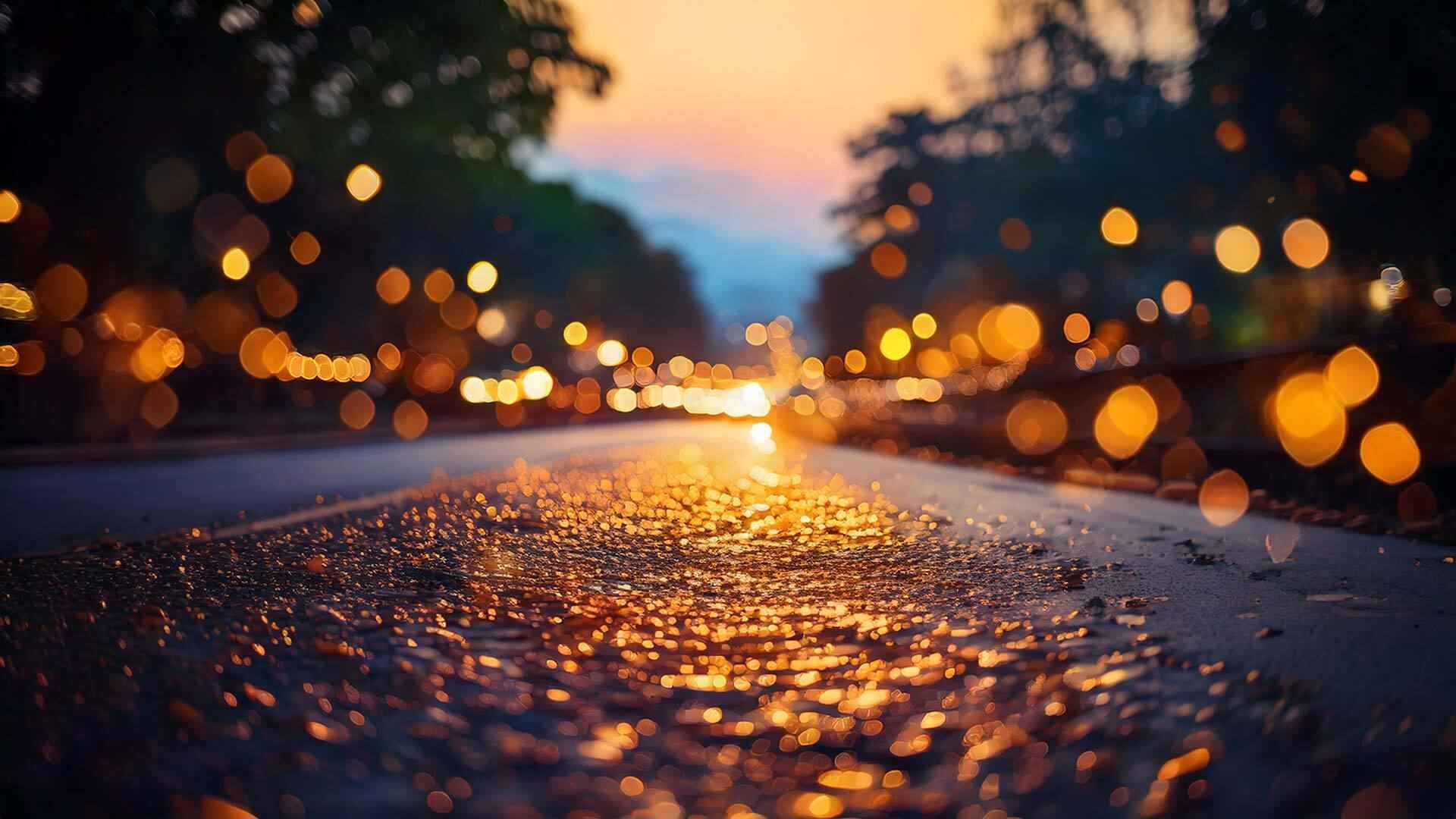 Low-angle view of a wet road at dusk, with shimmering reflections on the pavement and soft, out-of-focus streetlights forming warm golden bokeh, fading into a tree-lined distance under a twilight sky.