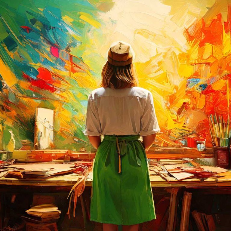 A surreal oil painting of a female artist standing in front of a workbench covered with art supplies. She wears a green apron and a light shirt, facing a wall of vibrant abstract colors—cool greens and blues blending on the left, fiery reds, oranges, and yellows exploding on the right. The scene captures the tension between chaotic spontaneity and disciplined artistry in a studio setting.