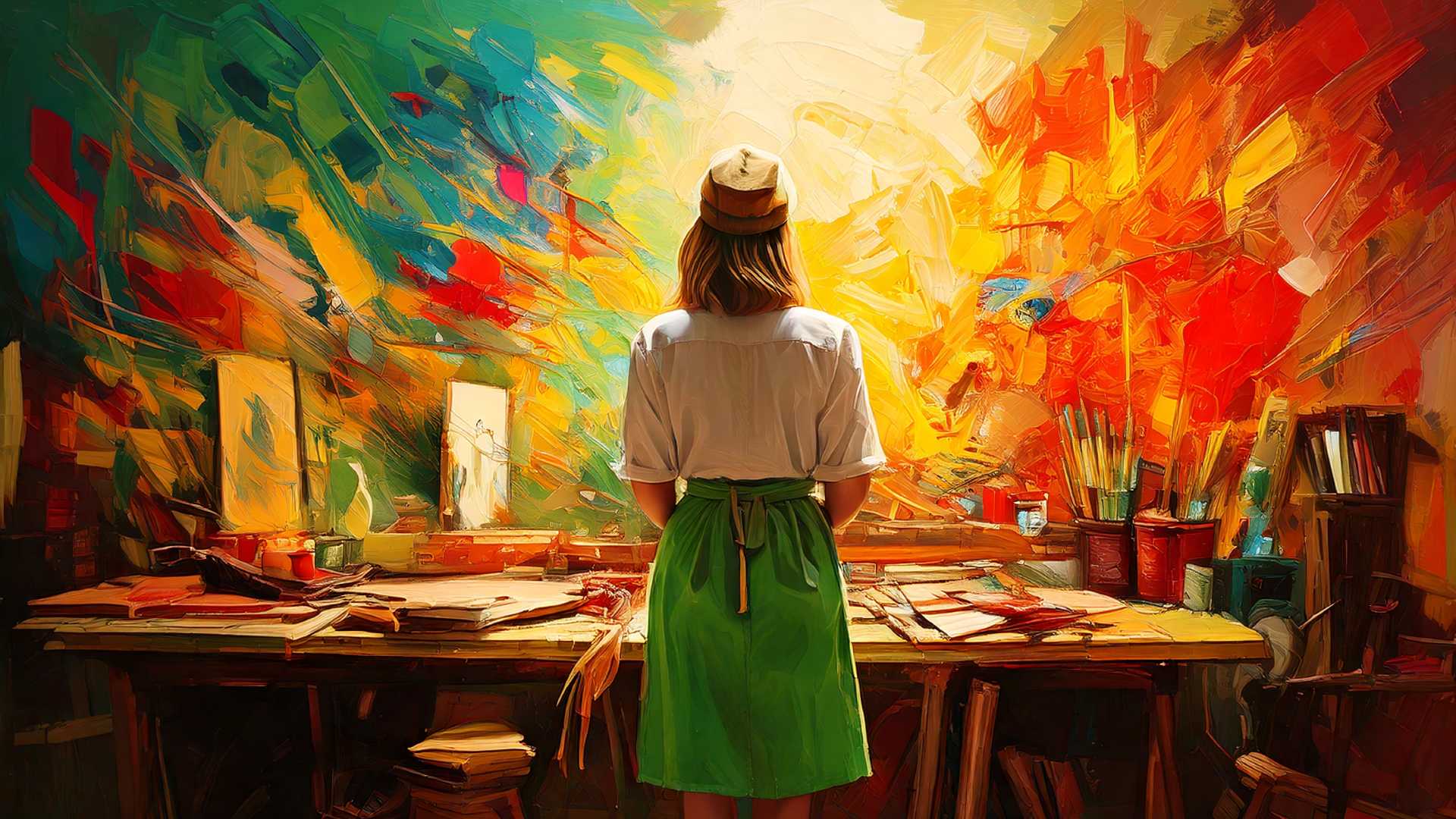 A surreal oil painting of a female artist standing in front of a workbench covered with art supplies. She wears a green apron and a light shirt, facing a wall of vibrant abstract colors—cool greens and blues blending on the left, fiery reds, oranges, and yellows exploding on the right. The scene captures the tension between chaotic spontaneity and disciplined artistry in a studio setting.