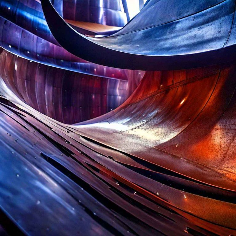 Close-up of an abstract, curved metal sculpture with layered, flowing steel panels reflecting blue, purple, and warm orange light, creating a dynamic, wave-like pattern.