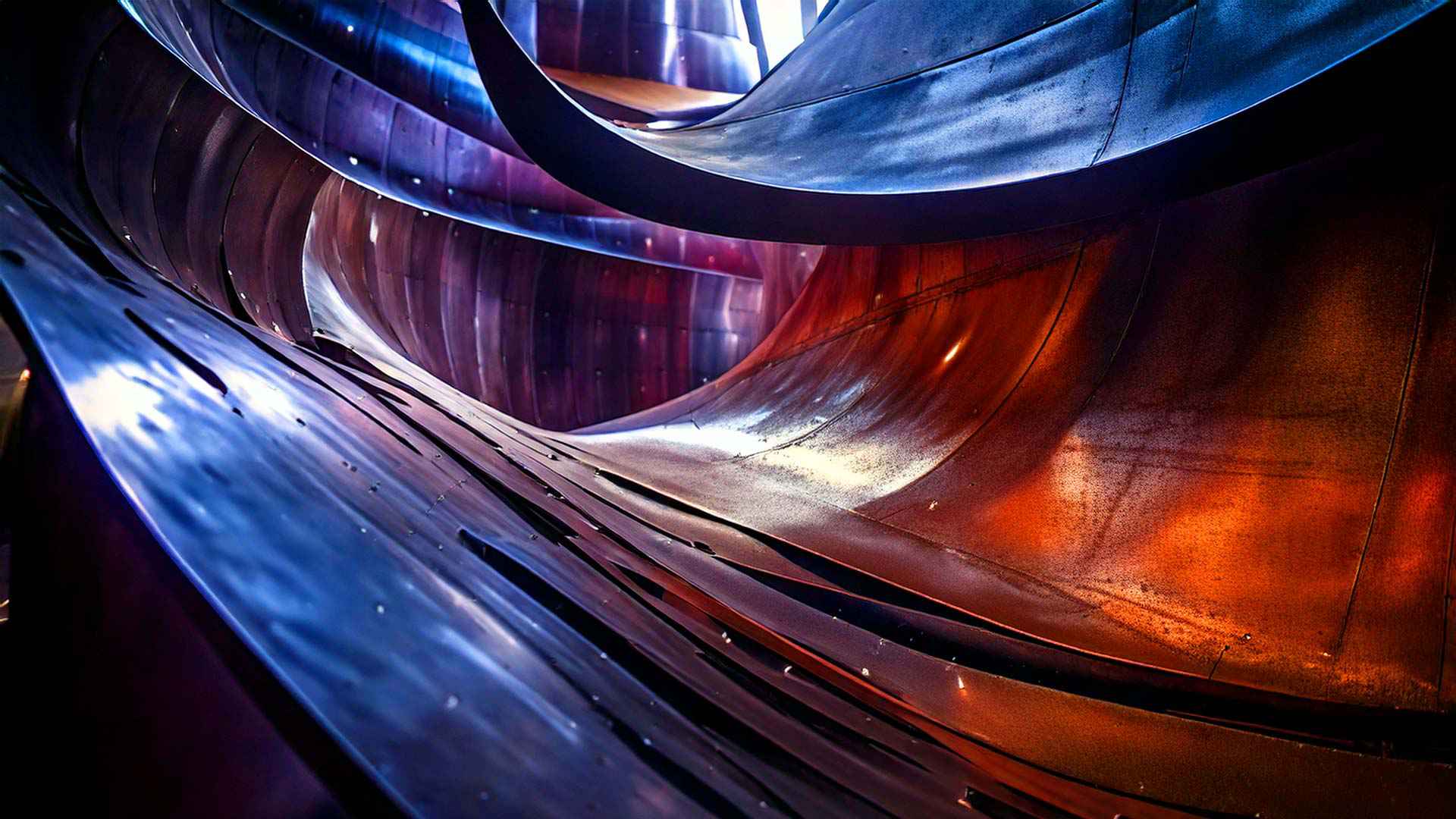 Close-up of an abstract, curved metal sculpture with layered, flowing steel panels reflecting blue, purple, and warm orange light, creating a dynamic, wave-like pattern.