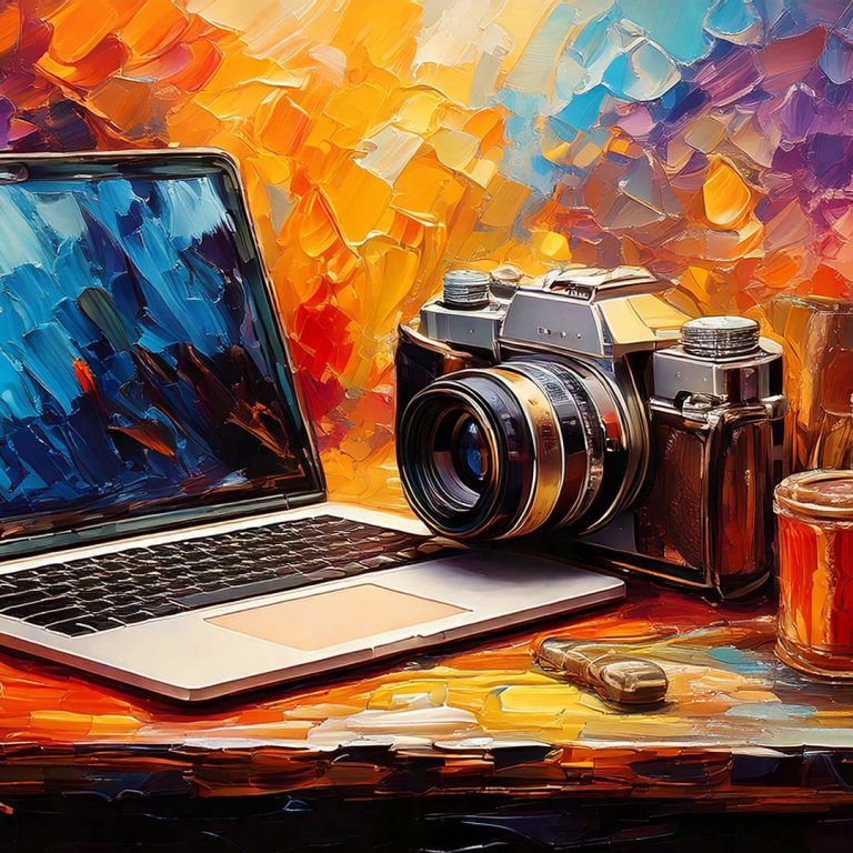 A colorful, painterly still life showing an open laptop beside a vintage camera, paint jars, and a brush on a table, set against a vibrant, textured background of bold brushstrokes in blues, oranges, and purples.