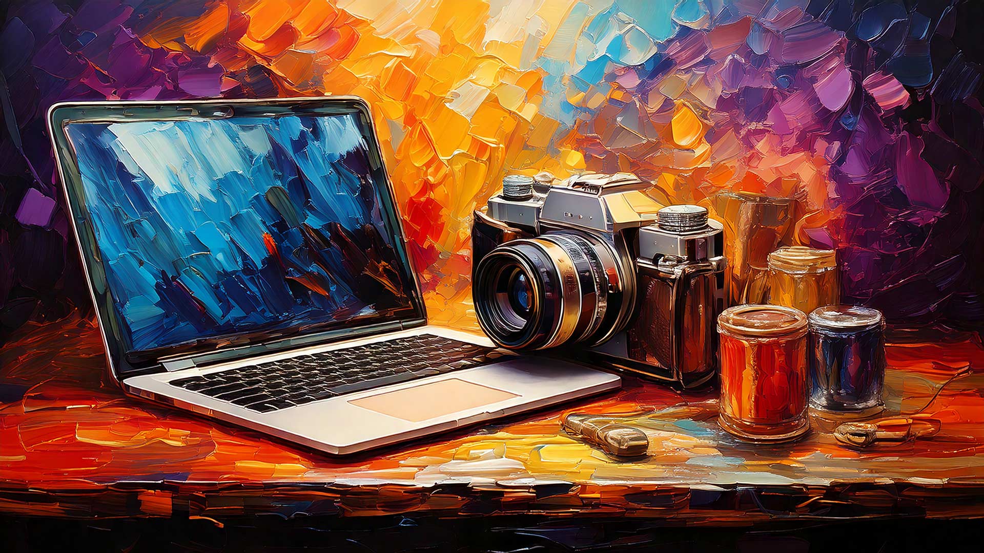 A colorful, painterly still life showing an open laptop beside a vintage camera, paint jars, and a brush on a table, set against a vibrant, textured background of bold brushstrokes in blues, oranges, and purples.