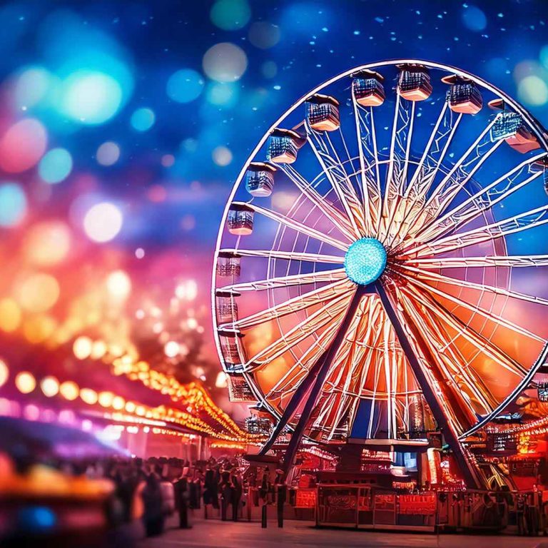A brightly lit Ferris wheel at night, glowing with colorful lights against a festive background of blurred neon and bokeh, with people gathered below at a lively fairground.