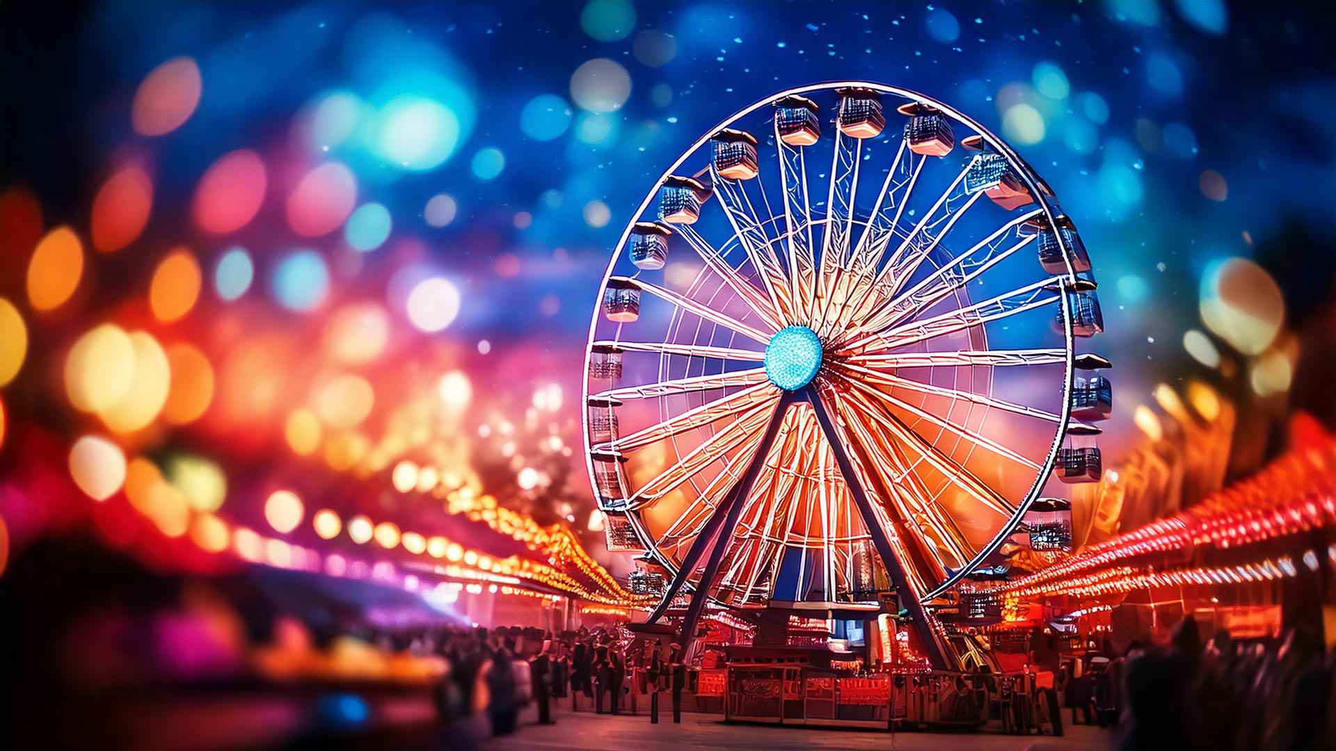A brightly lit Ferris wheel at night, glowing with colorful lights against a festive background of blurred neon and bokeh, with people gathered below at a lively fairground.