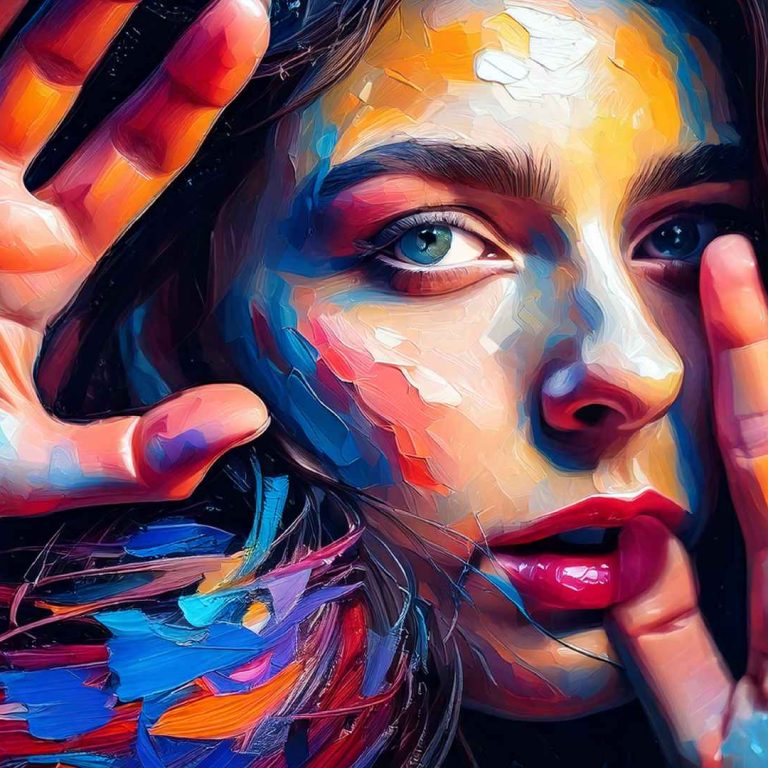A vibrant, digitally enhanced portrait of a woman with expressive eyes, rendered in a painterly, oil-brush style. Her hands are held up close to her face, palms outward, creating a framing effect. Bold, multicolored strokes—blues, oranges, reds, and purples—sweep across her skin and background, blending with feather-like textures. The overall composition evokes intense emotion and artistic surrealism.