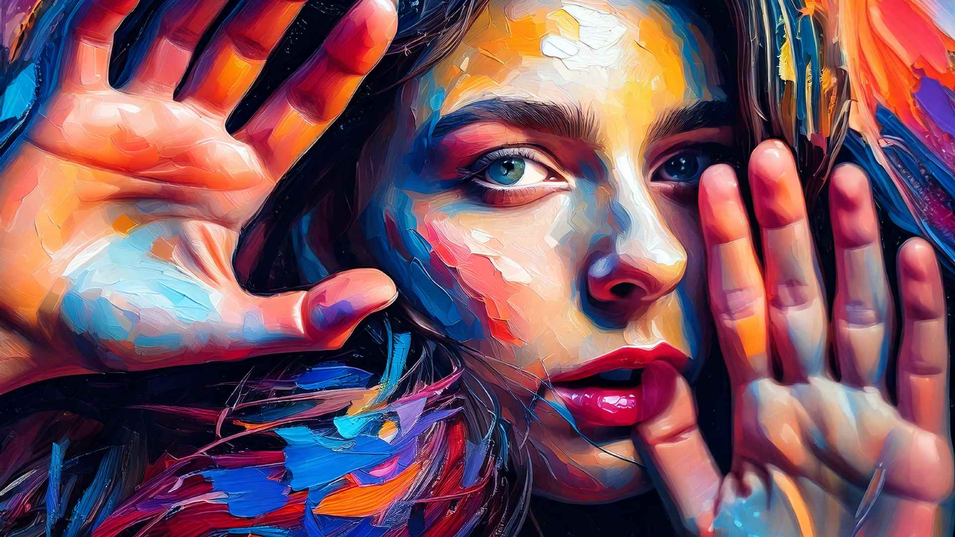 A vibrant, digitally enhanced portrait of a woman with expressive eyes, rendered in a painterly, oil-brush style. Her hands are held up close to her face, palms outward, creating a framing effect. Bold, multicolored strokes—blues, oranges, reds, and purples—sweep across her skin and background, blending with feather-like textures. The overall composition evokes intense emotion and artistic surrealism.
