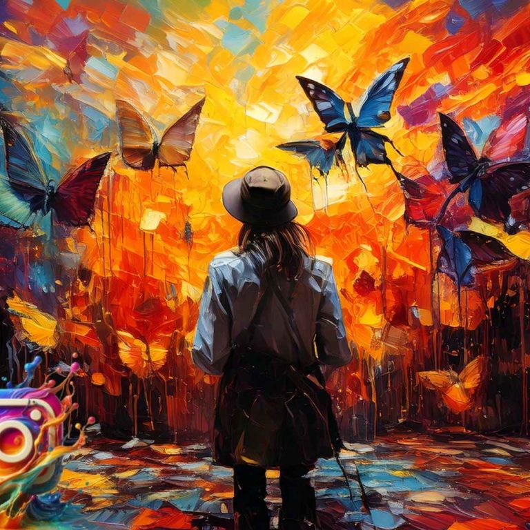 A digital painting of a person wearing a hat, seen from behind, standing before a vibrant wall of swirling colors looking to the future. Large, luminous butterflies in shades of blue, orange, yellow, and red fly toward the light, which radiates like a glowing sunset. The brushstrokes are bold and textured, dripping down the canvas. In the lower left corner, a brightly painted Instagram logo splashes with liquid-like colors sinking into the past.