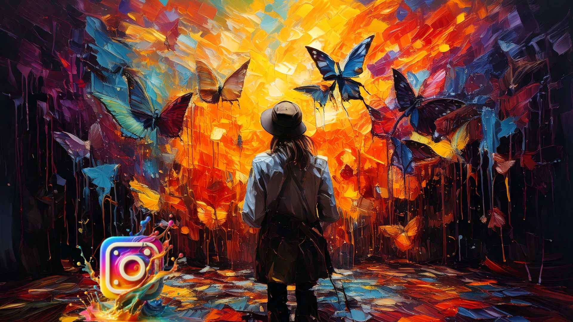 A digital painting of a person wearing a hat, seen from behind, standing before a vibrant wall of swirling colors looking to the future. Large, luminous butterflies in shades of blue, orange, yellow, and red fly toward the light, which radiates like a glowing sunset. The brushstrokes are bold and textured, dripping down the canvas. In the lower left corner, a brightly painted Instagram logo splashes with liquid-like colors sinking into the past.