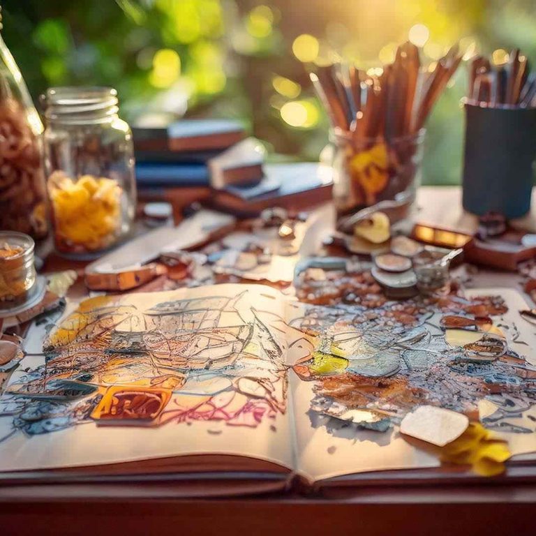 Sunlit creative workspace with an open art journal on a wooden table, its pages filled with collage elements and sketches, surrounded by jars of paper scraps, pencils, brushes, and craft tools, creating a warm, cozy atmosphere of artistic journaling.