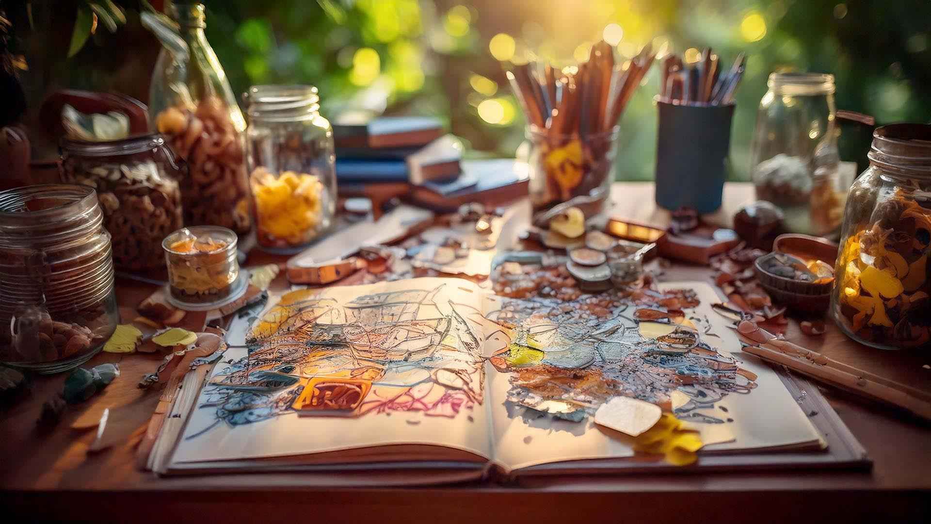 Sunlit creative workspace with an open art journal on a wooden table, its pages filled with collage elements and sketches, surrounded by jars of paper scraps, pencils, brushes, and craft tools, creating a warm, cozy atmosphere of artistic journaling.