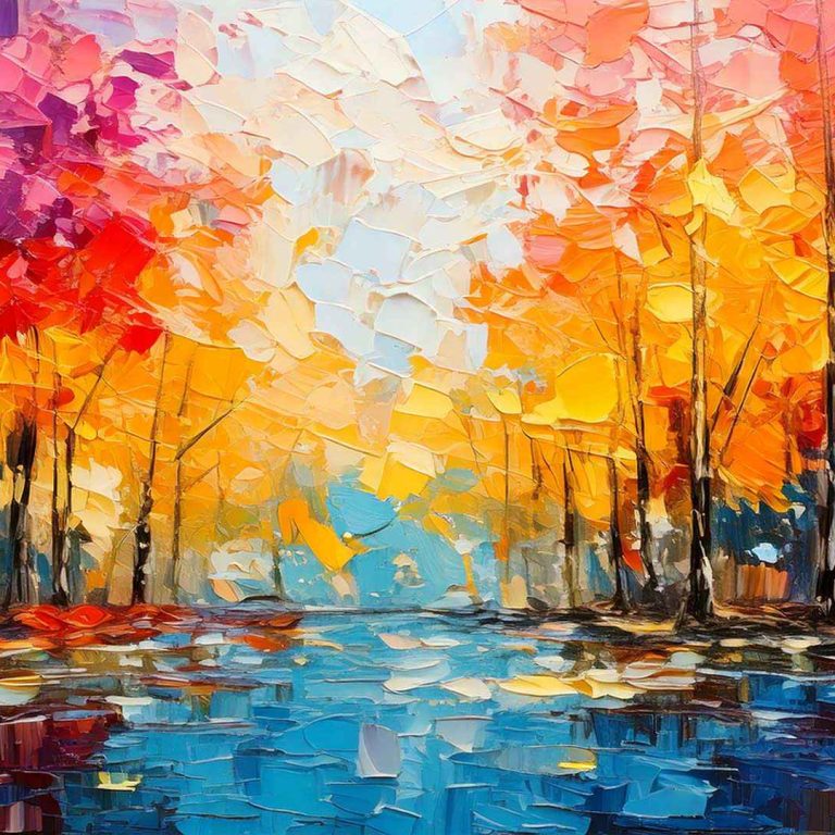 A colorful, textured painting of an autumn forest created with thick palette-knife strokes. Tall trees with red, orange, and yellow leaves line a calm body of water, where the bright foliage is reflected against cool blue tones, giving the scene a vivid, impressionistic feel.