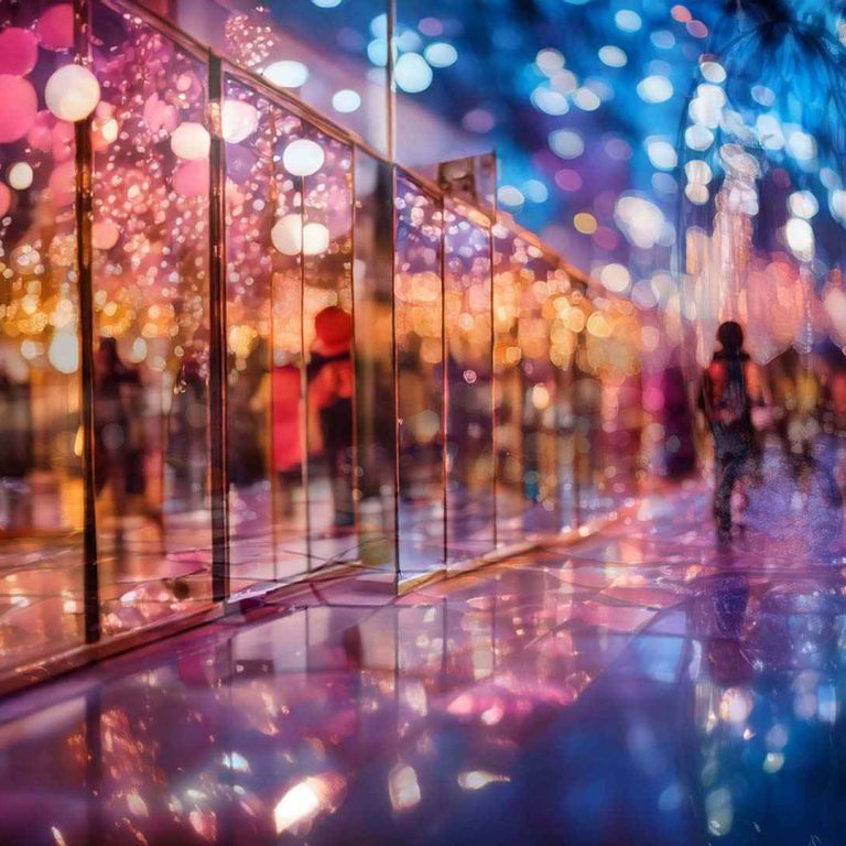 A dreamy, colorful scene of people walking through a mirrored art installation, with reflections multiplying figures and lights. Soft, glowing bokeh lights in pink, blue, and gold fill the space, and the glossy floor reflects the lights and silhouettes, creating a layered, immersive atmosphere.