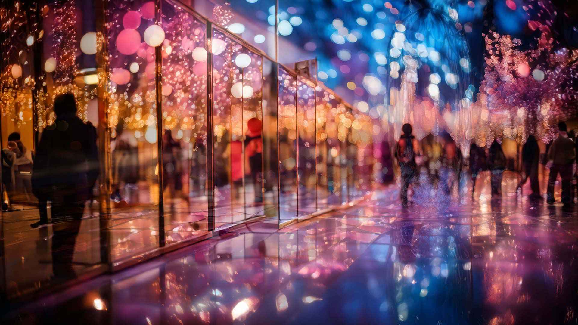 A dreamy, colorful scene of people walking through a mirrored art installation, with reflections multiplying figures and lights. Soft, glowing bokeh lights in pink, blue, and gold fill the space, and the glossy floor reflects the lights and silhouettes, creating a layered, immersive atmosphere.