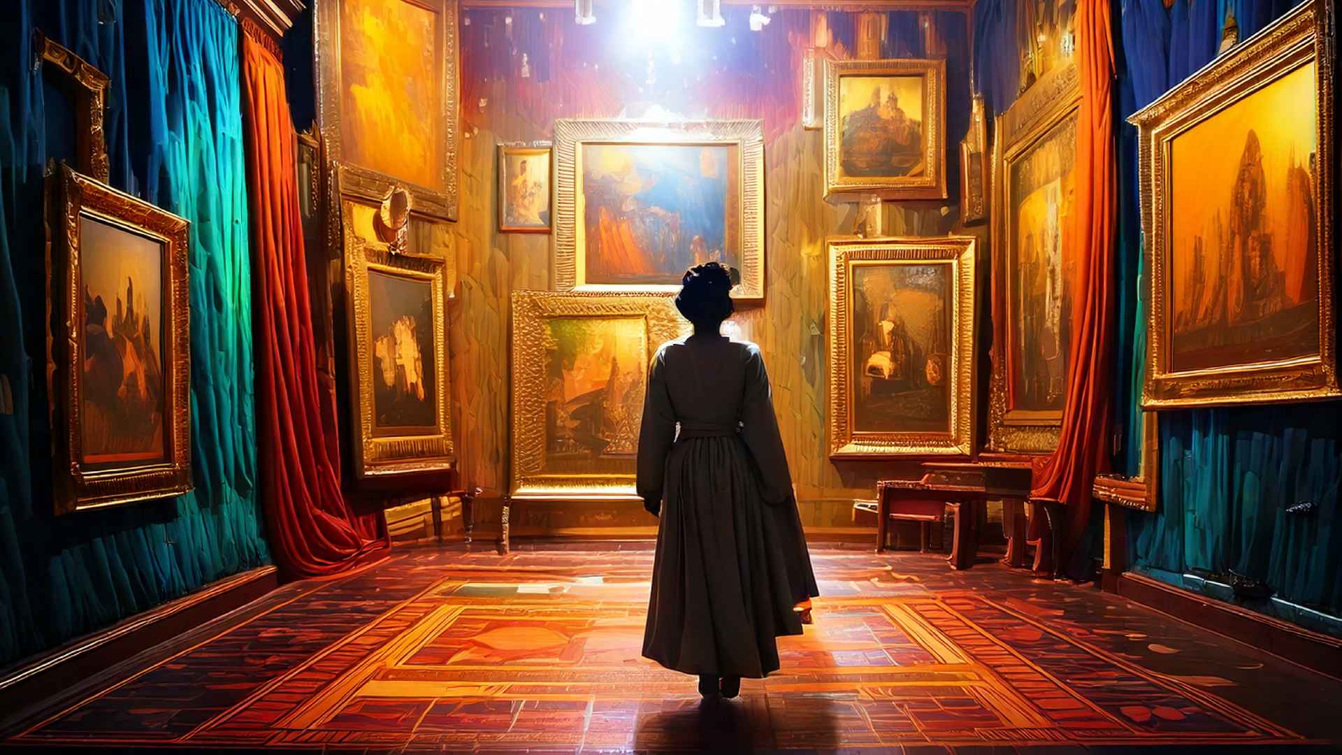 A woman in a long, dark dress stands in the center of an ornate gallery, facing a wall filled with large, golden-framed paintings glowing in warm light. Rich red and teal curtains drape along the sides, and the polished, patterned wooden floor reflects the scene, creating an atmosphere of grandeur and contemplation.