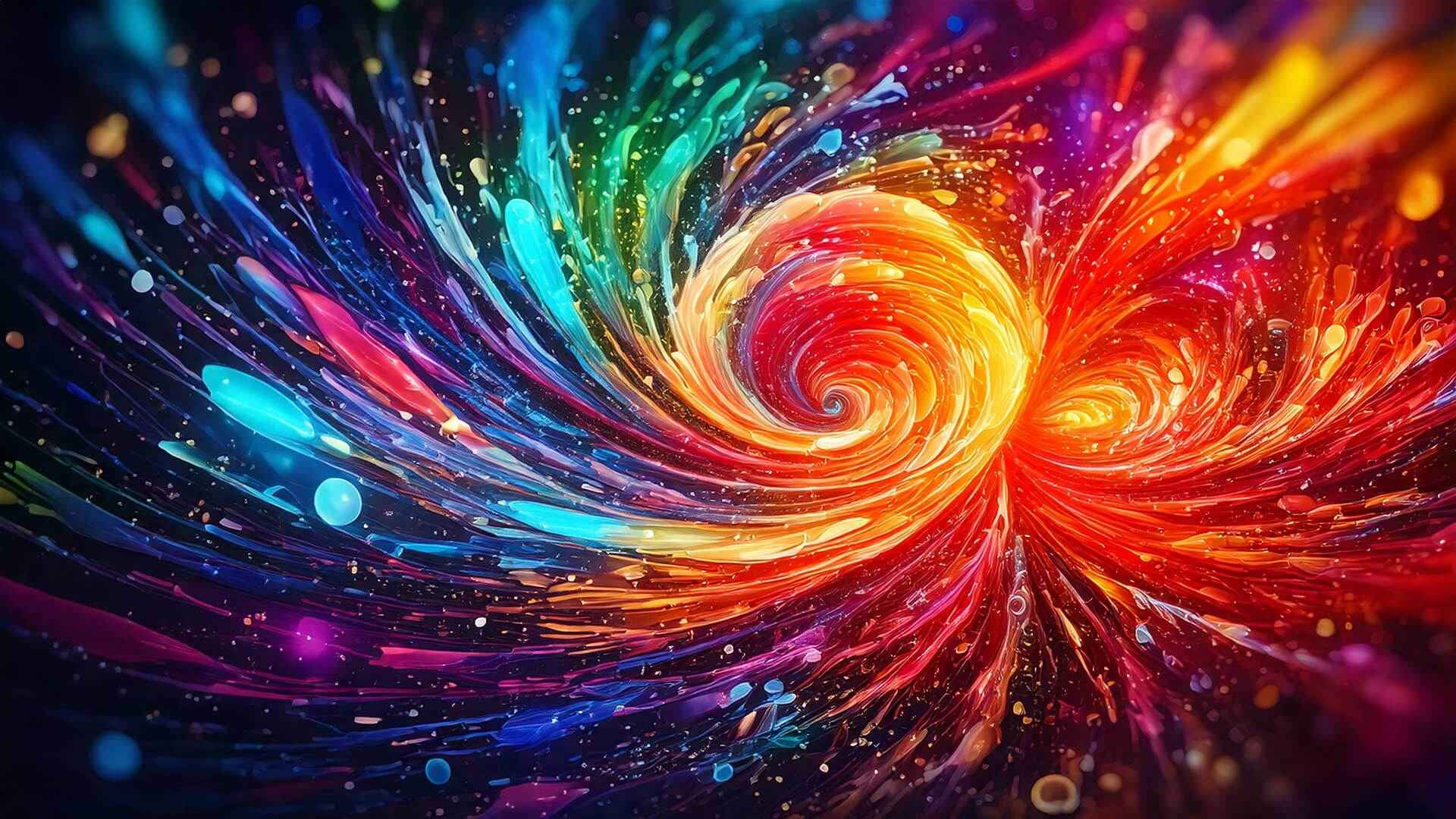 A vivid abstract artwork showing a swirling spiral of bright colors—reds, oranges, blues, greens, and purples—flowing outward like energetic paint strokes against a dark background, creating a sense of motion and depth.