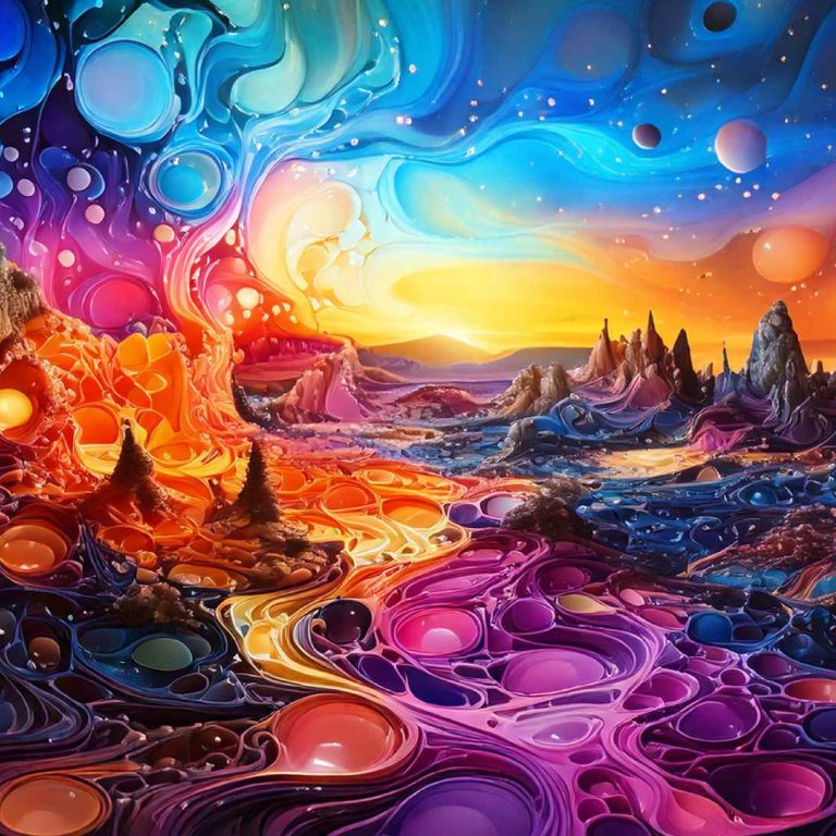A surreal, vividly colored alien landscape with swirling patterns and textures resembling molten liquid and bubble-like formations. The scene features vibrant hues of red, orange, purple, blue, and pink blending together in organic, flowing shapes. Jagged, mountainous structures rise from the ground, while a glowing yellow-orange horizon suggests a setting or rising sun. Floating spheres of various sizes dot the sky, enhancing the dreamlike, cosmic atmosphere. The entire scene has a fantastical, otherworldly quality, as if depicting a scene from a psychedelic dream or alien planet.