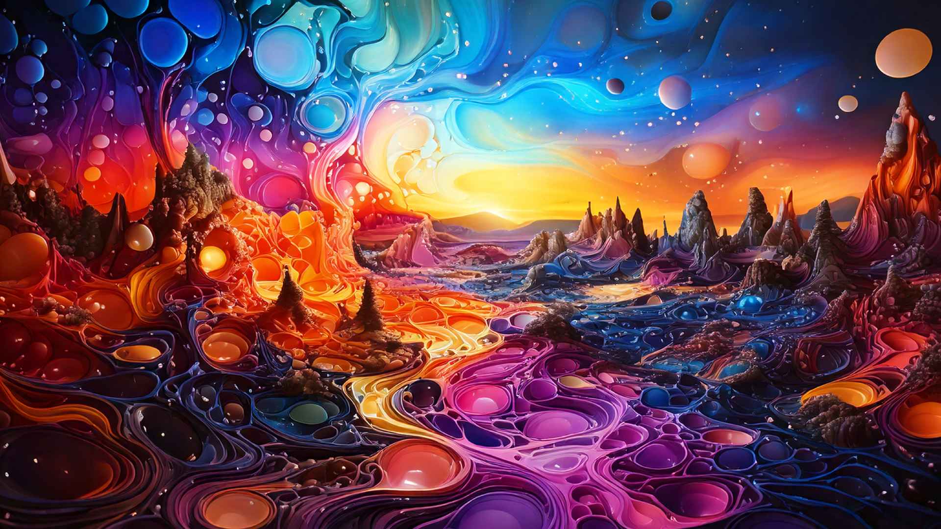 A surreal, vividly colored alien landscape with swirling patterns and textures resembling molten liquid and bubble-like formations. The scene features vibrant hues of red, orange, purple, blue, and pink blending together in organic, flowing shapes. Jagged, mountainous structures rise from the ground, while a glowing yellow-orange horizon suggests a setting or rising sun. Floating spheres of various sizes dot the sky, enhancing the dreamlike, cosmic atmosphere. The entire scene has a fantastical, otherworldly quality, as if depicting a scene from a psychedelic dream or alien planet.