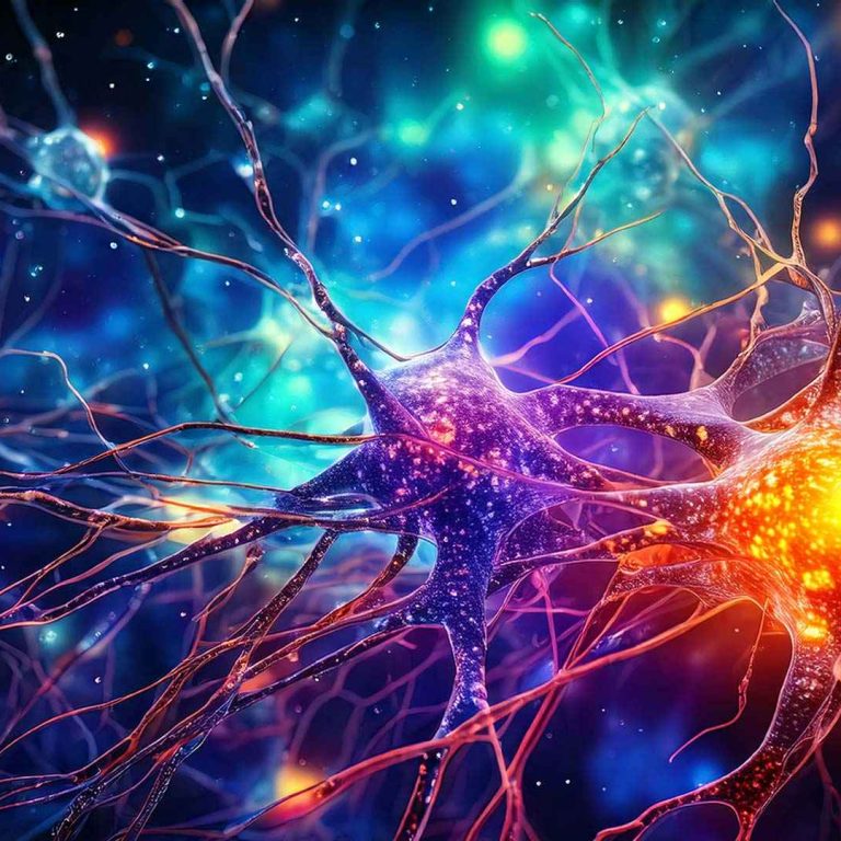 A vibrant, surreal illustration of interconnected neurons glowing in bright colors, with branching tendrils spreading across a dark, cosmic-looking background. The neuron bodies shine in oranges, blues, and purples, while tiny points of light suggest electrical signals moving through a neural network.