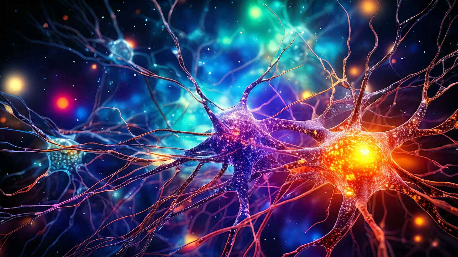 A vibrant, surreal illustration of interconnected neurons glowing in bright colors, with branching tendrils spreading across a dark, cosmic-looking background. The neuron bodies shine in oranges, blues, and purples, while tiny points of light suggest electrical signals moving through a neural network.