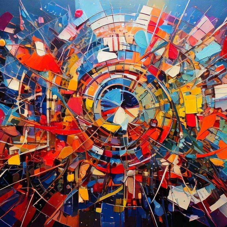 Vibrant abstract artwork with a circular, radial composition made of layered geometric shapes and shards in bright reds, blues, yellows, and oranges, radiating outward from a central spiral against a dark background, creating a sense of motion and energy.