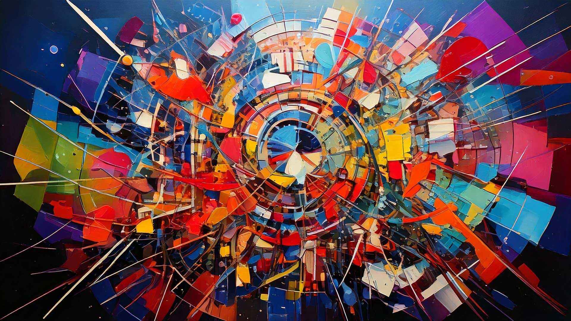 Vibrant abstract artwork with a circular, radial composition made of layered geometric shapes and shards in bright reds, blues, yellows, and oranges, radiating outward from a central spiral against a dark background, creating a sense of motion and energy.