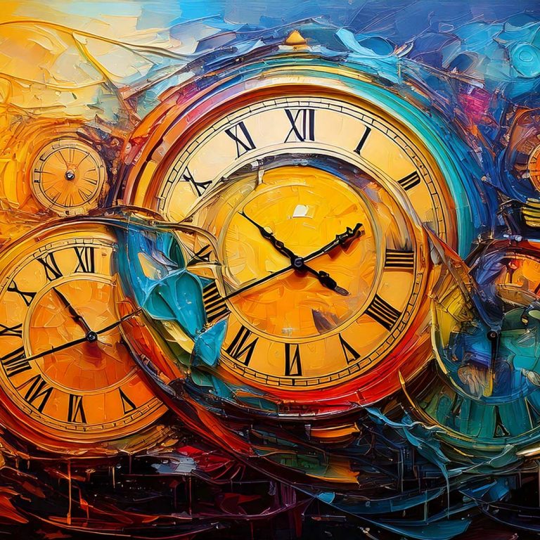 An abstract, dynamic painting of overlapping antique clock faces with Roman numerals, their hands pointing in different directions. Swirling textures and bold colors—gold, orange, red, blue, and teal—blend together, creating a sense of motion and warped time against a dark background.