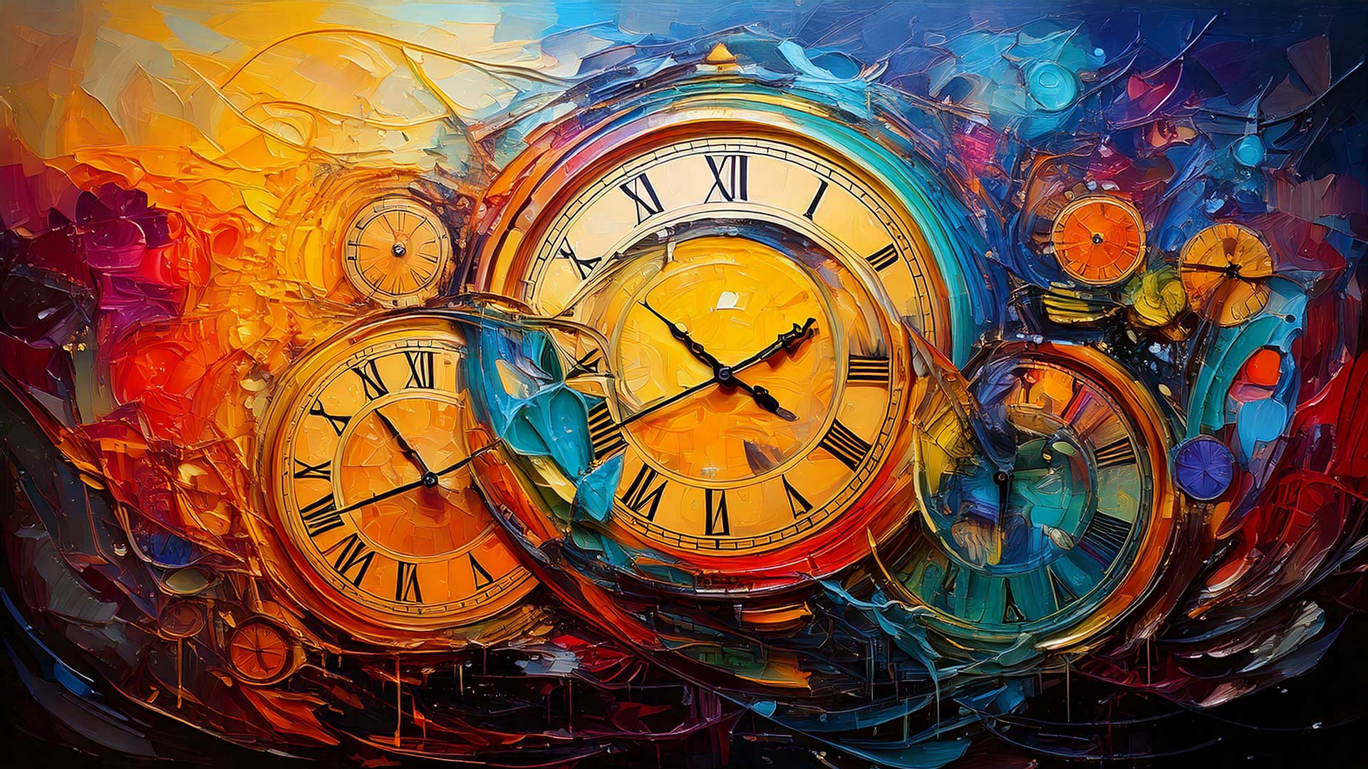 An abstract, dynamic painting of overlapping antique clock faces with Roman numerals, their hands pointing in different directions. Swirling textures and bold colors—gold, orange, red, blue, and teal—blend together, creating a sense of motion and warped time against a dark background.