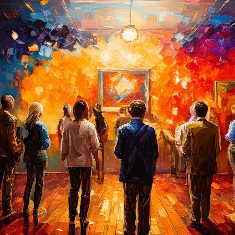 A group of people stand in an art gallery, facing a brightly illuminated painting on a wall that transitions from deep blue on the left to fiery orange and red on the right. The scene is painted in an impressionistic, textured style with bold brushstrokes, giving the gallery and its visitors a dreamlike, abstract quality. The floor reflects the warm light, adding to the immersive atmosphere.