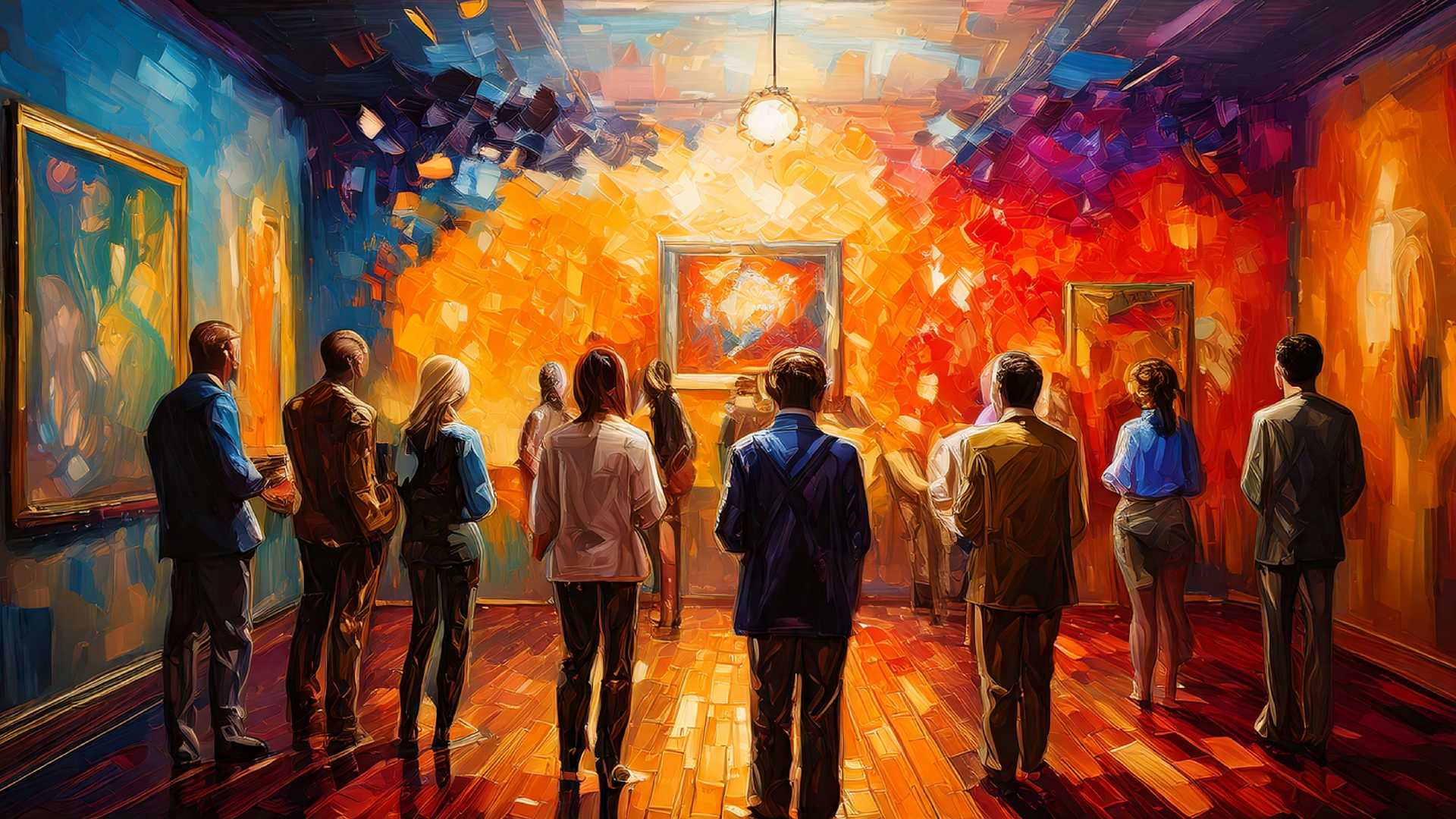 A group of people stand in an art gallery, facing a brightly illuminated painting on a wall that transitions from deep blue on the left to fiery orange and red on the right. The scene is painted in an impressionistic, textured style with bold brushstrokes, giving the gallery and its visitors a dreamlike, abstract quality. The floor reflects the warm light, adding to the immersive atmosphere.