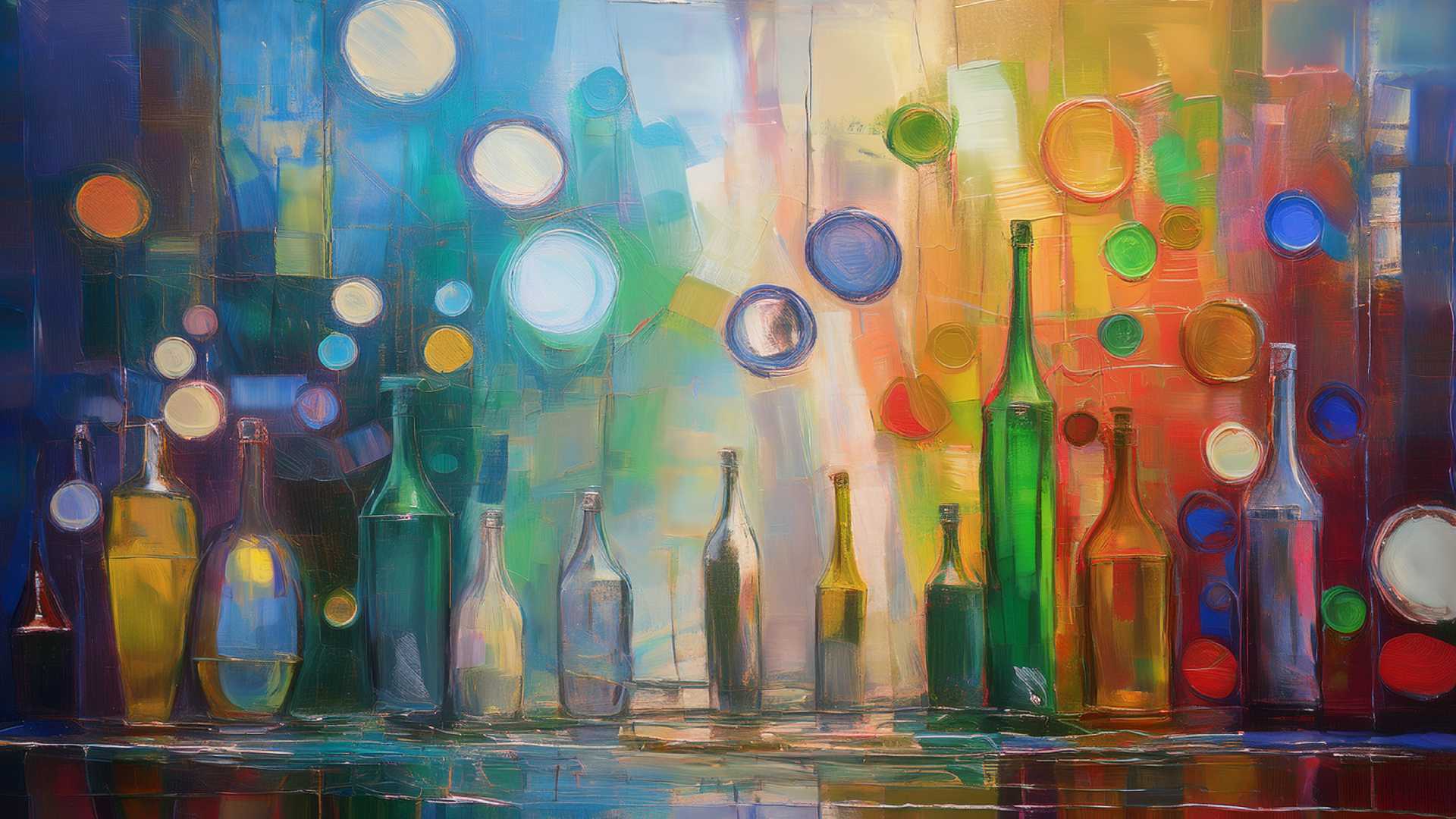 Abstract painting featuring a row of glass bottles in varying shapes and sizes against a vibrant, multicolored background. The composition transitions from cool blues and greens on the left to warm oranges, reds, and yellows on the right. Soft circular forms float across the canvas, suggesting lights or reflections, while bold brushstrokes and layered textures create a sense of rhythm and depth. The scene feels both still and dynamic, blending order with fluid motion.