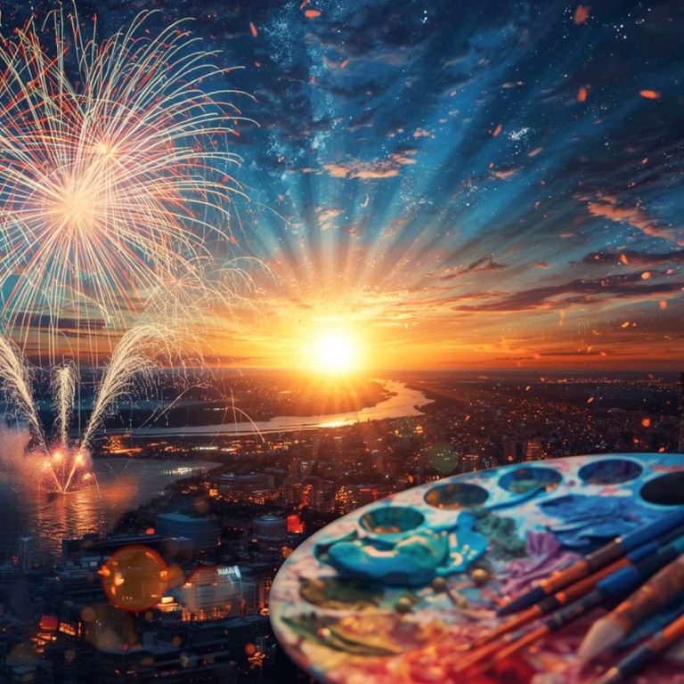 A vibrant cityscape at sunset with colorful fireworks bursting in the sky above a glowing river. In the foreground, a painter’s palette with brushes and mixed paints suggests creativity and celebration, blending art and festivity under a dramatic, star-speckled sky.