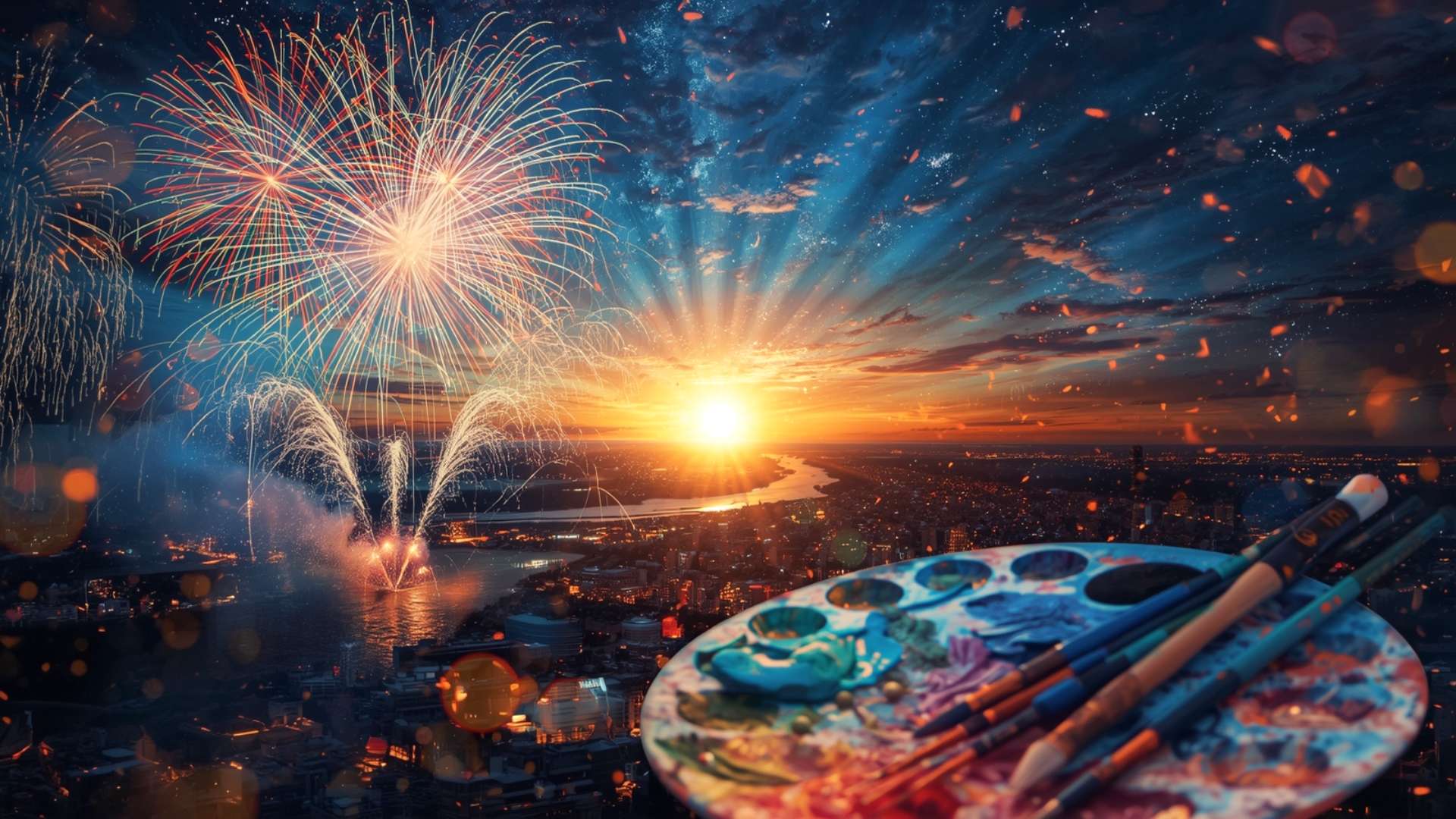 A vibrant cityscape at sunset with colorful fireworks bursting in the sky above a glowing river. In the foreground, a painter’s palette with brushes and mixed paints suggests creativity and celebration, blending art and festivity under a dramatic, star-speckled sky.