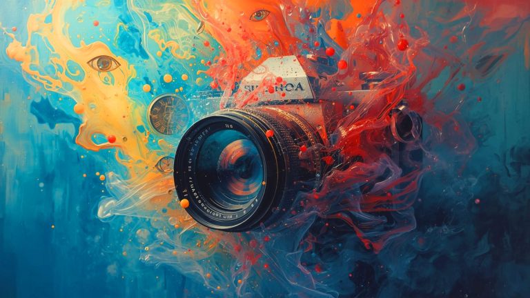 A surreal artwork of a vintage camera surrounded by swirling splashes of vivid orange, blue, and red paint. Human eyes and a clock face emerge from the fluid colors, blending elements of time, perception, and creativity in a dreamlike composition.