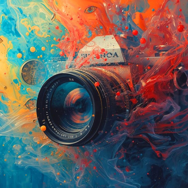 A surreal artwork of a vintage camera surrounded by swirling splashes of vivid orange, blue, and red paint. Human eyes and a clock face emerge from the fluid colors, blending elements of time, perception, and creativity in a dreamlike composition.