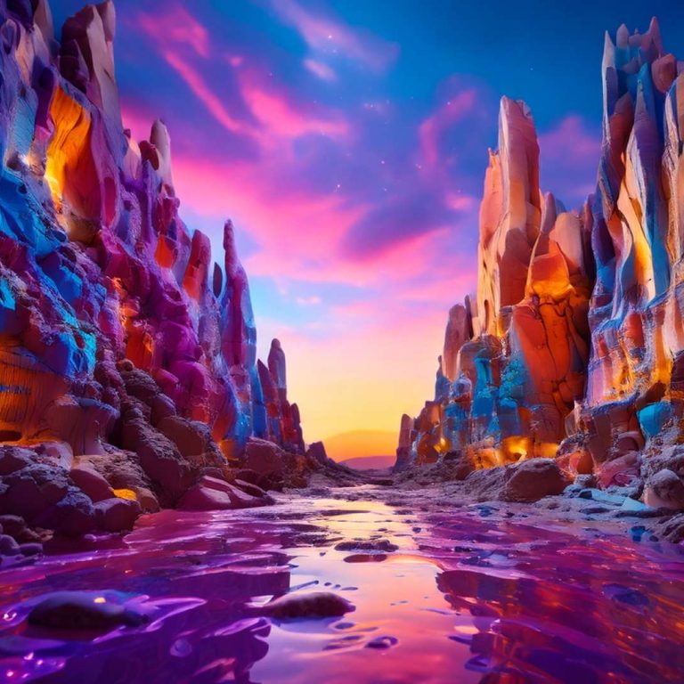 A surreal canyon landscape illuminated by vivid hues of pink, blue, orange, and purple. Towering rock formations glow with internal light, while a reflective river of vibrant colors flows through the center beneath a radiant sunset sky filled with soft, dreamlike clouds.