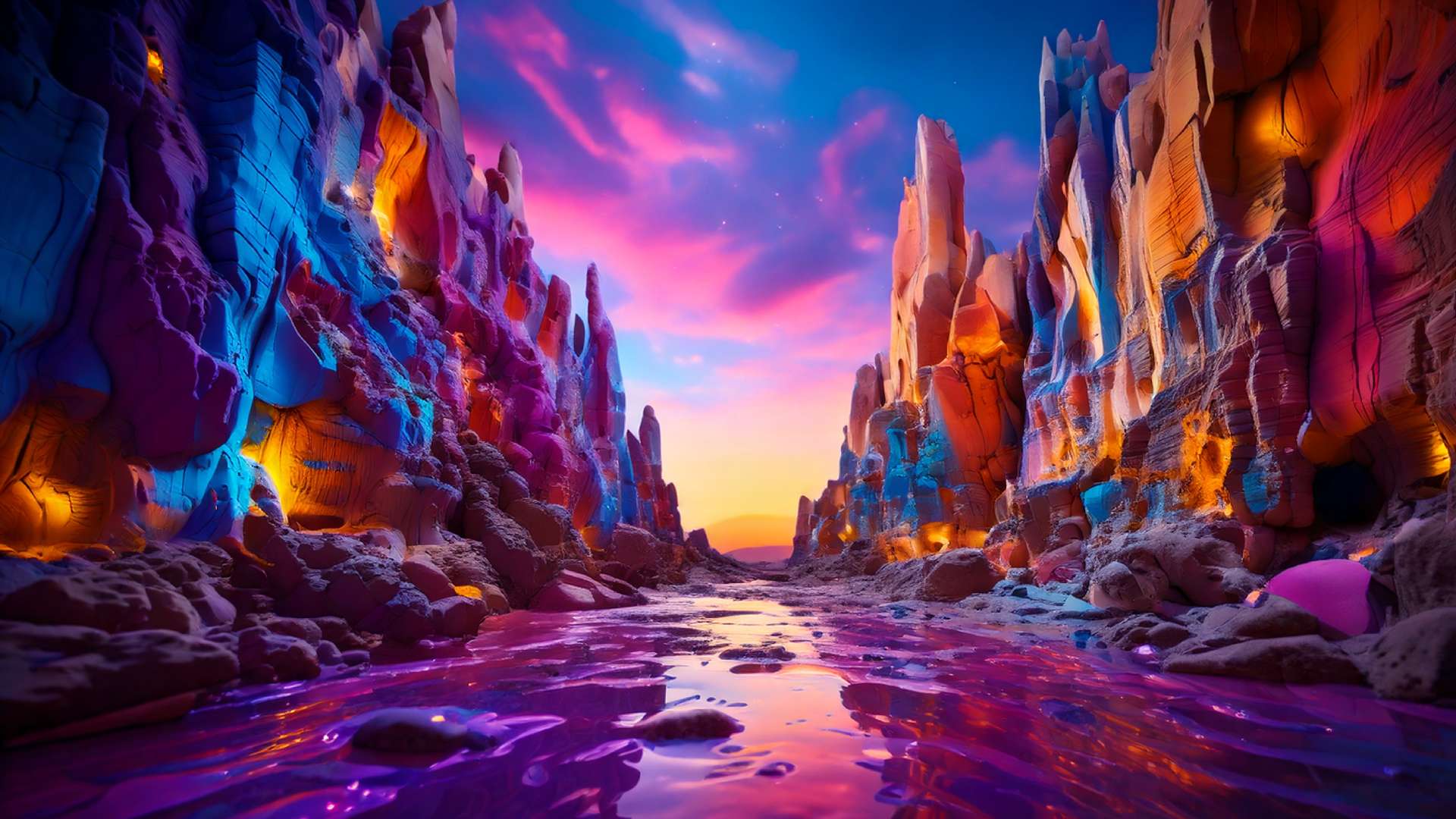 A surreal canyon landscape illuminated by vivid hues of pink, blue, orange, and purple. Towering rock formations glow with internal light, while a reflective river of vibrant colors flows through the center beneath a radiant sunset sky filled with soft, dreamlike clouds.