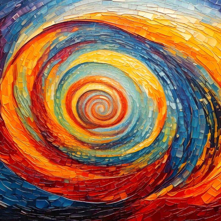 A vibrant abstract artwork featuring a swirling vortex of mosaic-like shapes in bold colors. Concentric spirals of red, orange, yellow, and blue tiles create a dynamic sense of motion, drawing the eye toward the bright central whirl. The layered, textured pieces give the image depth and energy, resembling a radiant spiral or cosmic storm.